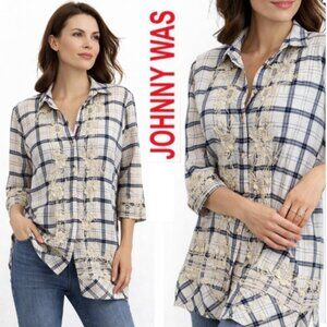 Johnny Was Cream and Navy Plaid Button-Up floral Embroidered button down medium